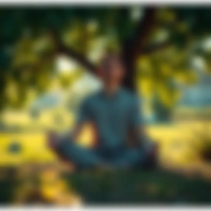 Individual sitting cross-legged under a tree, surrounded by nature, with a calm expression, representing inner peace and love