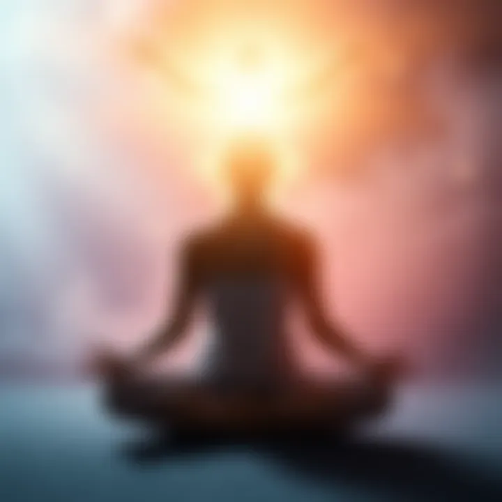 A person sitting cross-legged, meditating while a soft glow of a spirit figures above them, symbolizing a connection to a deceased loved one.