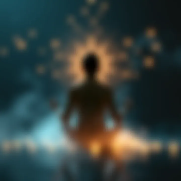 A person sits cross-legged in meditation, surrounded by a soft glow, symbolizing connection to a spirit guide. Ethereal lights represent love and unity.