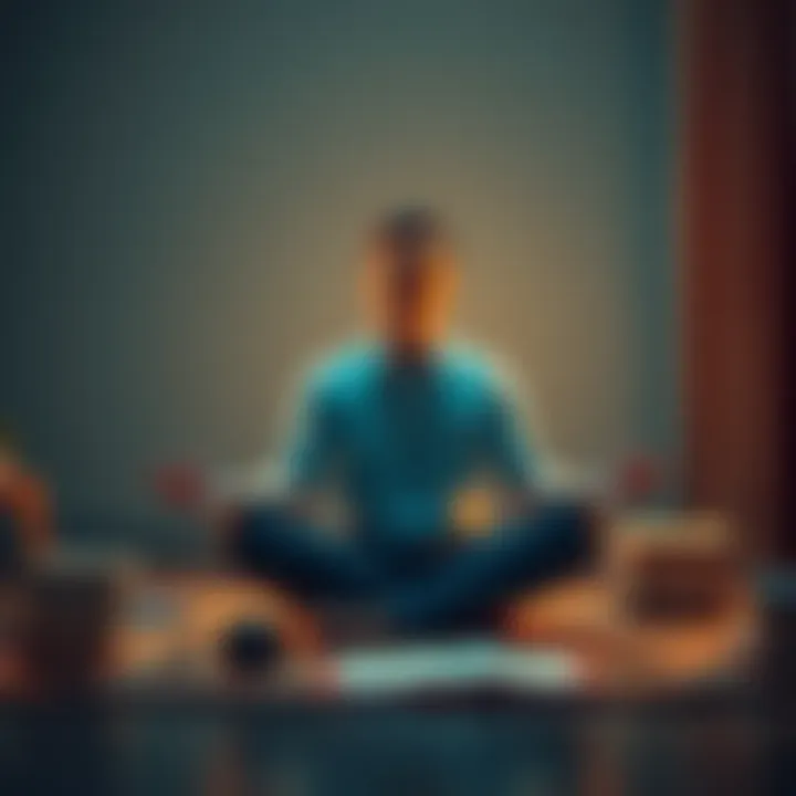 Person meditating while studying A person sitting cross-legged on a mat with books around, practicing meditation to enhance focus during study sessions
