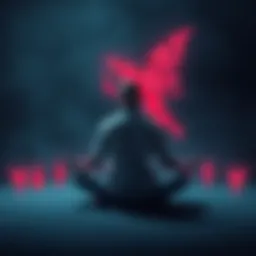 A person sitting cross-legged, meditating with faint images of a vampire and a fairy appearing around them