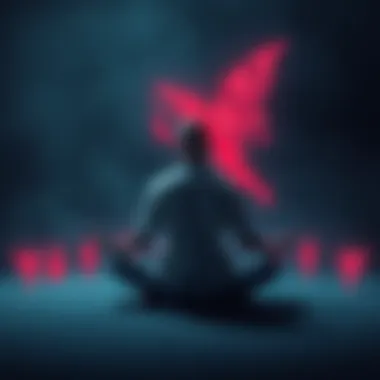 A person sitting cross-legged, meditating with faint images of a vampire and a fairy appearing around them