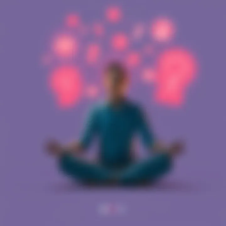 A person sits in meditation, surrounded by floating symbols representing desires and illnesses, highlighting the link between mental health and physical well-being.