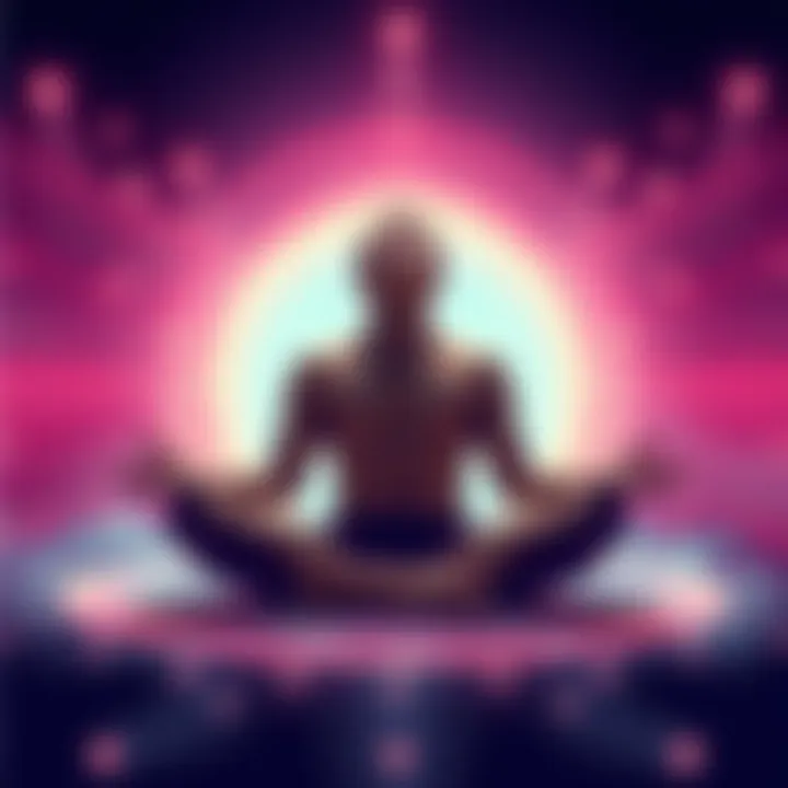 Individual sitting cross-legged, eyes closed, with visible waves of energy around their body, expressing a sense of peace and connection.