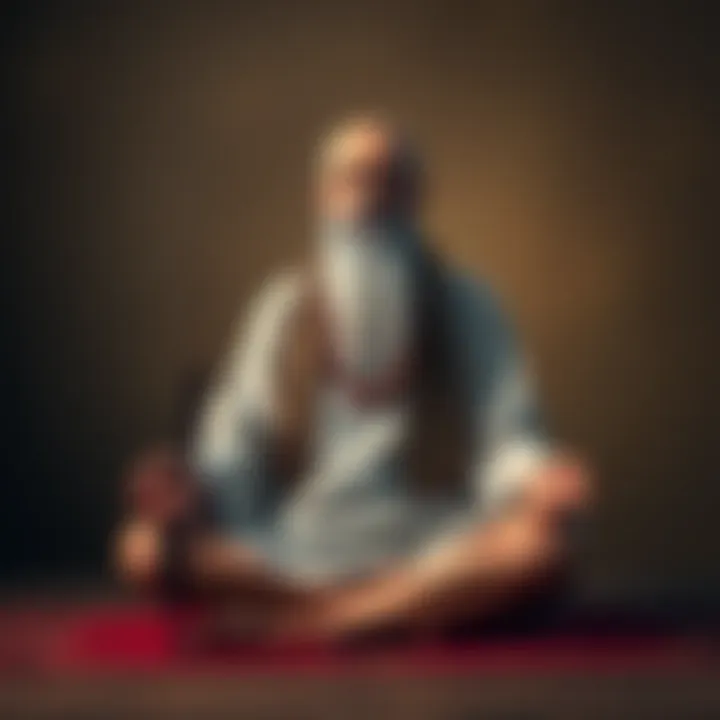 A person sitting cross-legged, holding prayer beads, with a serene expression, symbolizing spiritual practice.