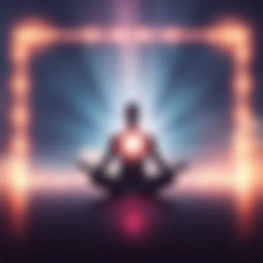 A person sitting cross-legged in a peaceful setting, radiating light from their body, symbolizing the connection between body and spirituality.