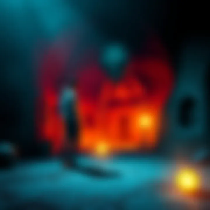 A person stands in a dimly lit space, facing an alien figure with large eyes. Strange, glowing objects are scattered around, hinting at a futuristic environment.