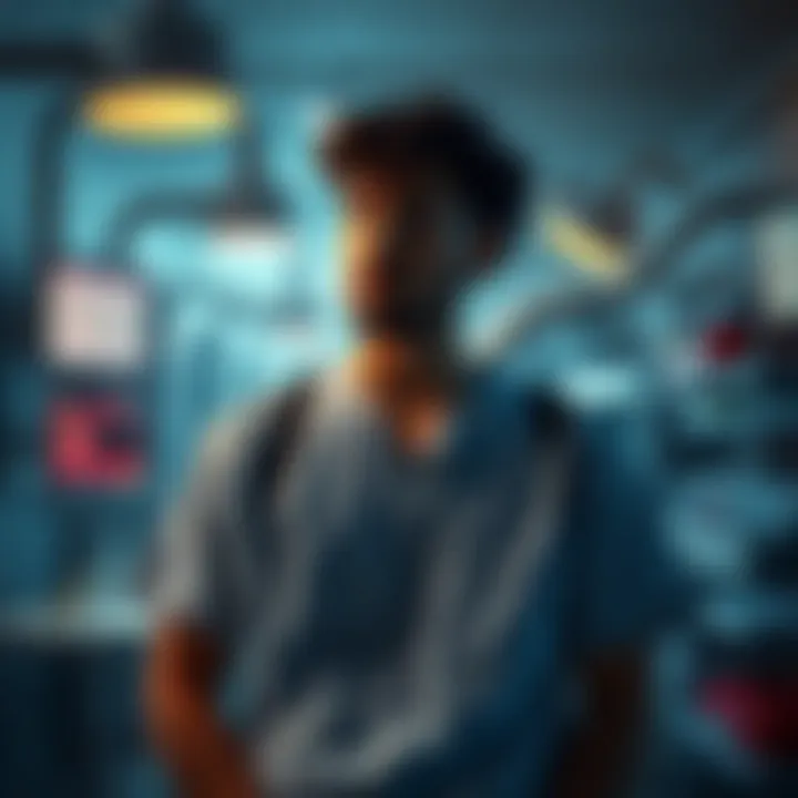 A thoughtful individual in a hospital room, reflecting on the implications of near-death experiences amidst medical equipment.