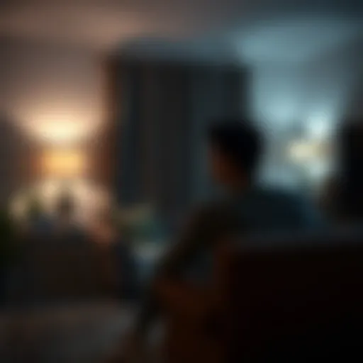 A person sitting on a couch, glancing nervously around a dark room after watching a scary movie.