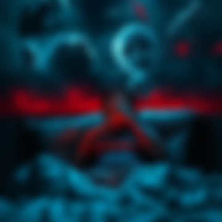 A person with a distressed expression, sitting up in bed, surrounded by dark shadows and vivid dream imagery representing violence and chaos.