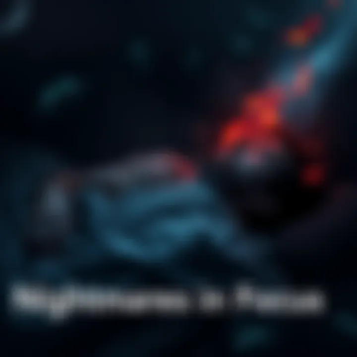 A person lying in bed with a distressed expression, surrounded by dark shadows and frightening imagery representing nightmares