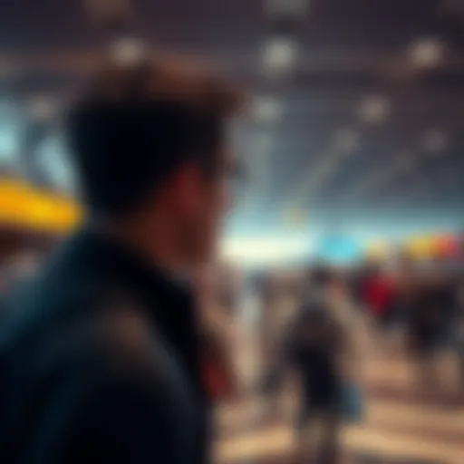 A person looking closely at a crowded airport terminal, scanning for unusual behavior, with people walking around them.
