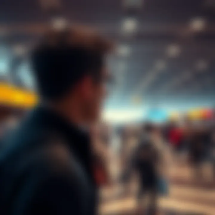 A person looking closely at a crowded airport terminal, scanning for unusual behavior, with people walking around them.