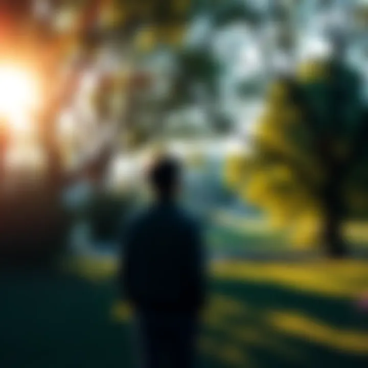 A person standing in a park, looking around and engaging with their environment, surrounded by trees and sunlight.