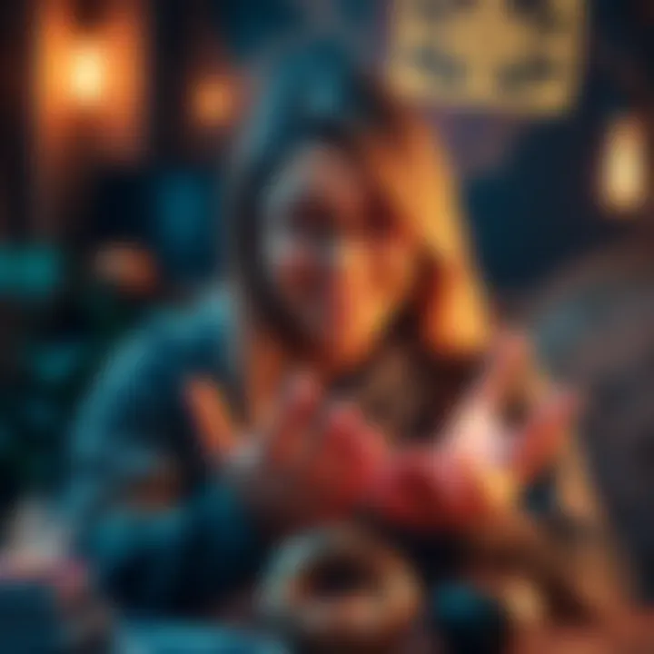 A person smiling while inviting others for personalized readings, surrounded by mystical elements like tarot cards and crystals.