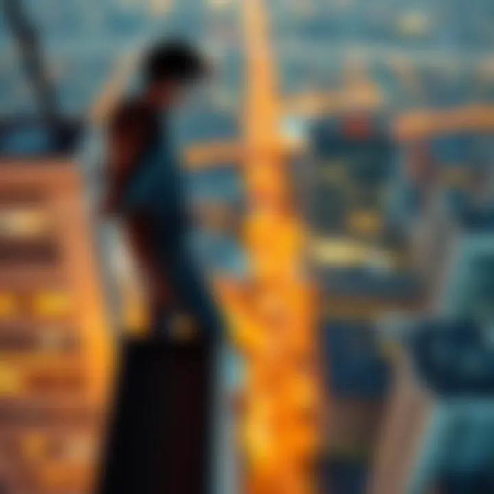 A person standing on the edge of a tall building, looking down with fear and confusion on their face. The city lights twinkle in the background, creating a dramatic night scene.