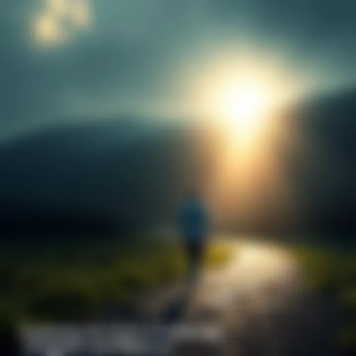 A figure walking on a serene path leading towards a bright light representing hope and healing.