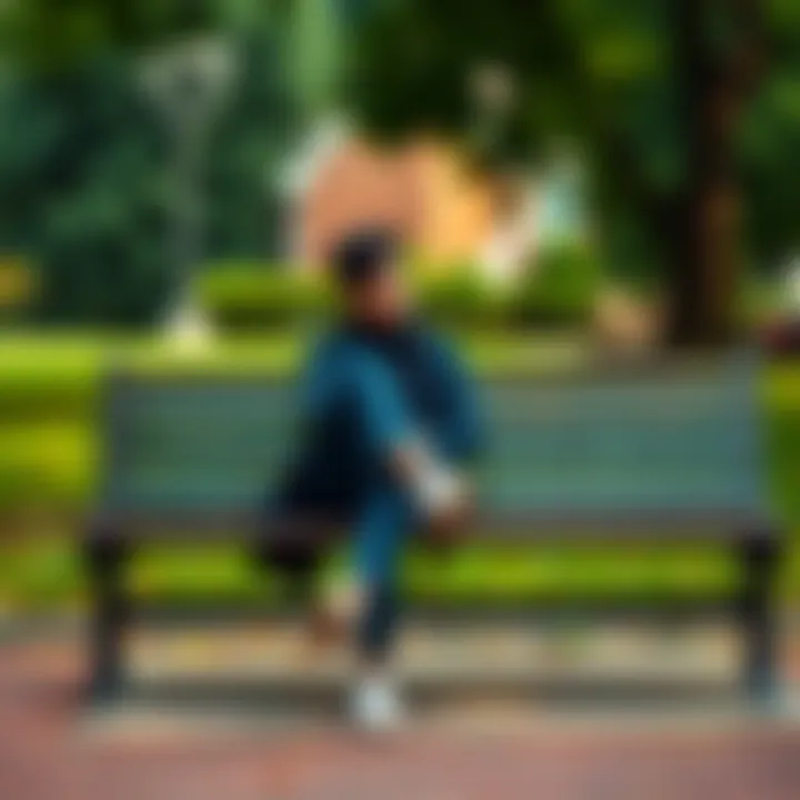 A person sitting on a park bench, looking contemplative with a serene expression, symbolizing emotional healing and letting go of jealousy.