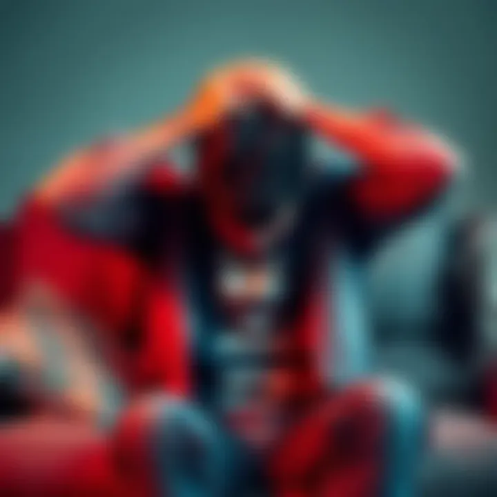 A person sitting on a couch with their hands on their head, showing signs of emotional distress.