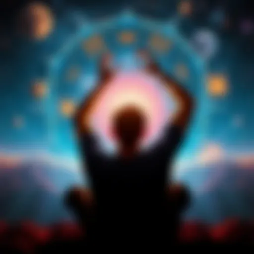 Individual sitting with hands on their head, surrounded by cosmic imagery, representing the challenges of Gate 36 during transits.