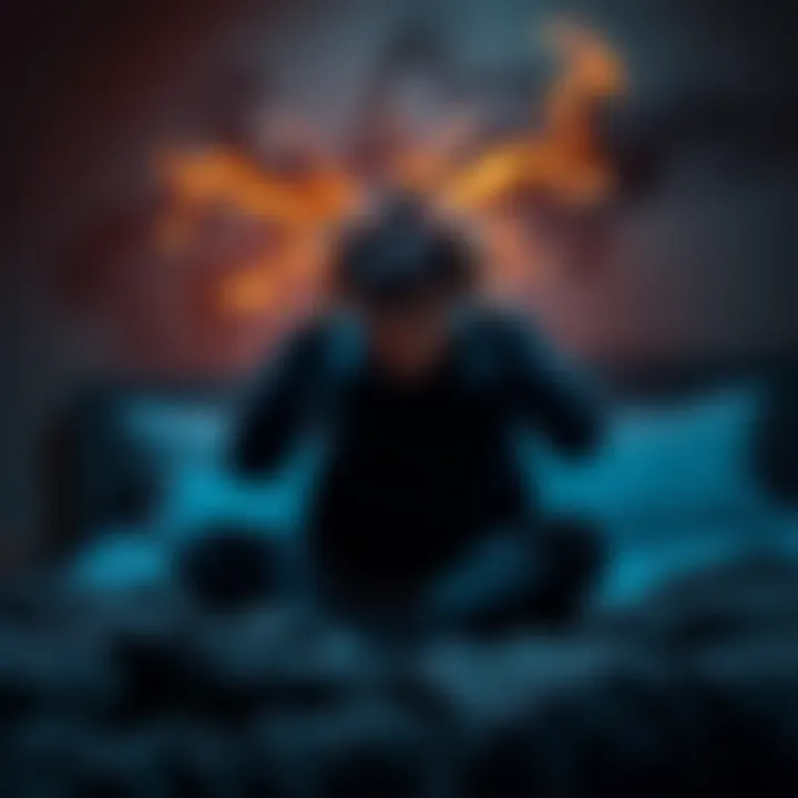 A person sitting on a bed with their head in their hands, looking distressed as dark energy swirls around them, symbolizing emotional and mental struggle against a manipulative ex.