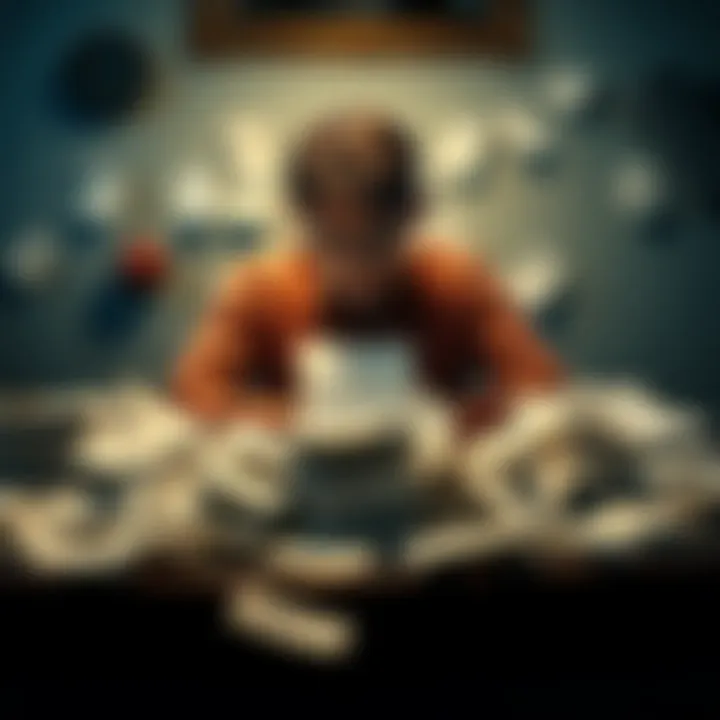 A person sits at a table filled with unpaid bills and financial papers, looking stressed and deep in thought, considering their beliefs and financial reality.