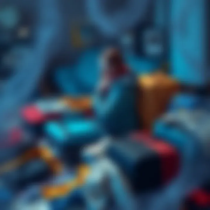 A person looks stressed while trying to pack bags for a trip but struggling with scattered clothes and items around them.