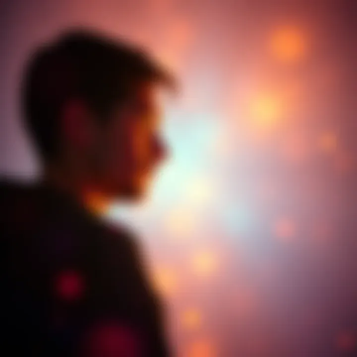 Individual focused on a glowing aura without colors, surrounded by a soft light, reflecting on their unique perception of energies