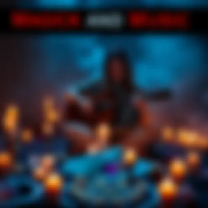 A person sits cross-legged, playing a guitar surrounded by candles and crystals, creating a serene atmosphere for a sound ritual.