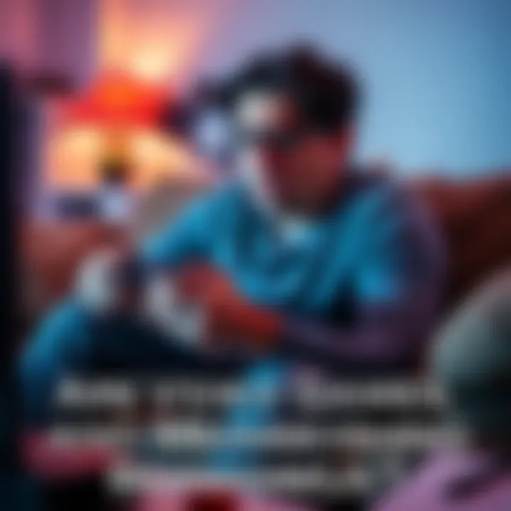 Individual sitting on a couch, intensely focused on a video game, showing signs of stress or concern about the impact of technology on health