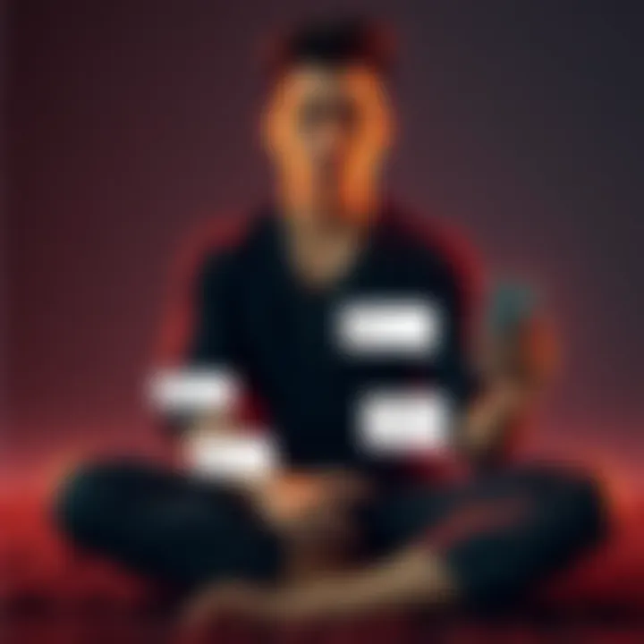 Individual sitting cross-legged, repeating affirmations with a thoughtful expression, while notifications pop up on a phone showing messages from past relationships.
