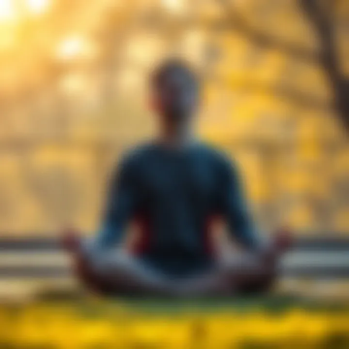 Individual sitting cross-legged, eyes closed, focusing on breath in a peaceful setting