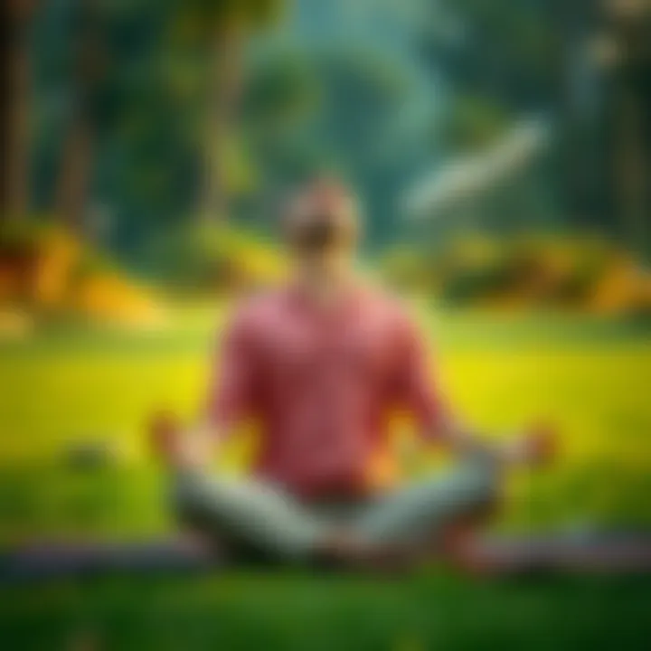 Individual sitting cross-legged, eyes closed, focusing on breath in a serene outdoor setting