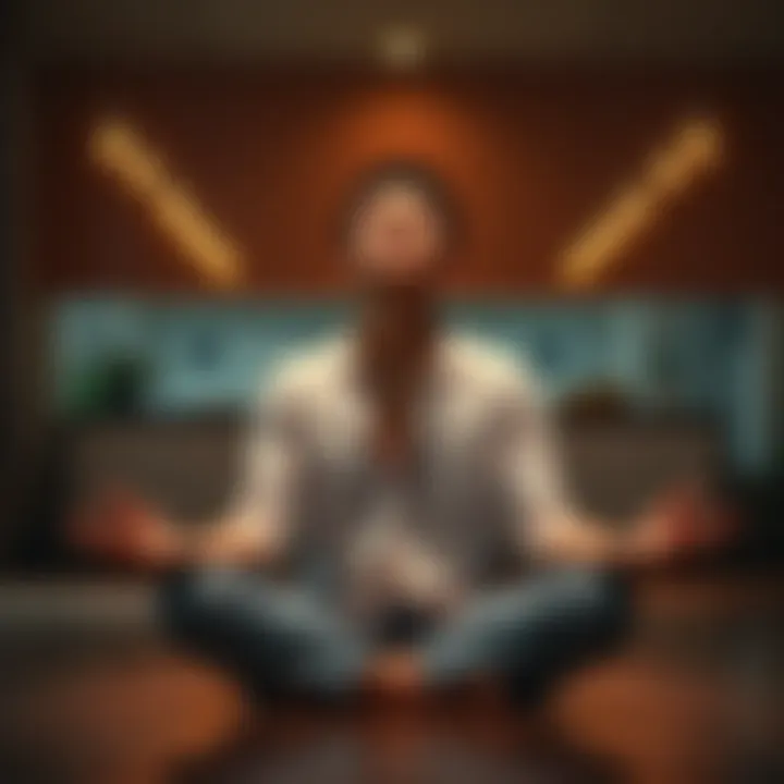 A person sitting cross-legged on the floor, eyes closed, practicing deep breathing with a peaceful expression
