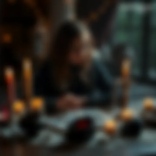 A person sitting at a table with candles, crystals, and a tarot deck, focused on divination to resist spellcasting temptations.