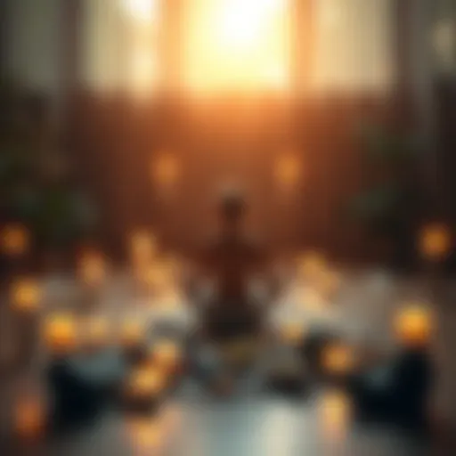 A person sitting in a peaceful setting, surrounded by candles and crystals, focusing on energy work for healing after loss.