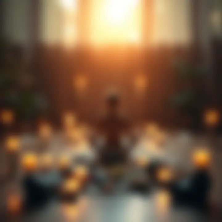 A person sitting in a peaceful setting, surrounded by candles and crystals, focusing on energy work for healing after loss.