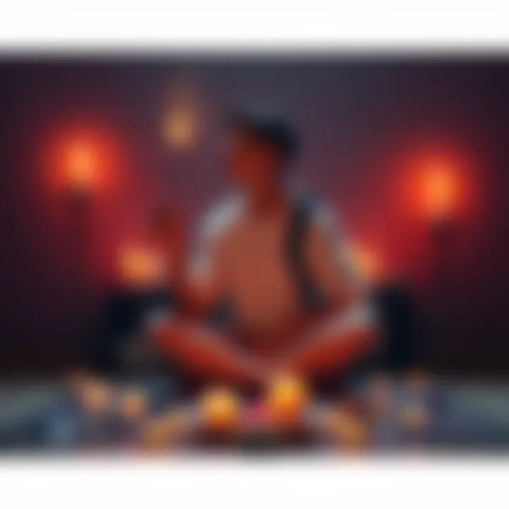 A person sitting cross-legged on a floor surrounded by candles and crystals, looking contemplative while holding a magical wand.