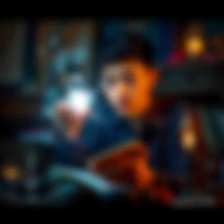 A person carefully casting a spell with nervousness, surrounded by magical items and an open book of spells.