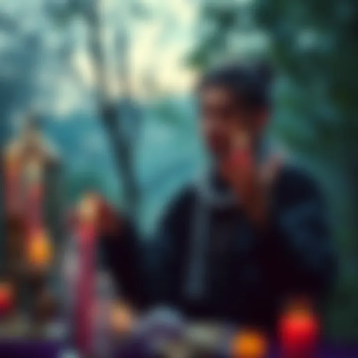 A person performing a magick ritual with candles and crystals, surrounded by nature, reflecting on personal choices and relationships.