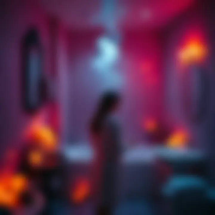 A person standing in a bathroom, surrounded by candles and crystals, performing a magick ritual