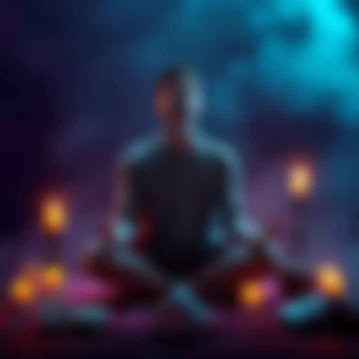 A person sitting cross-legged with closed eyes, surrounded by crystals and candles, practicing their psychic abilities.