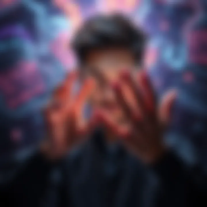A person looking at their hands to check if they are dreaming, surrounded by dream-like imagery