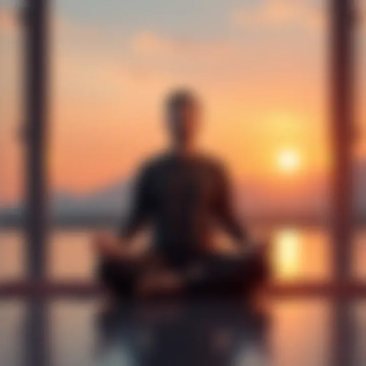 Individual sitting cross-legged, focusing on breathing and visualization techniques in a serene environment