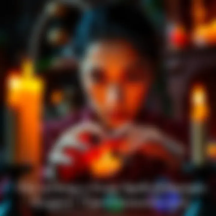 A person focusing on spell work with candles and crystals, showing a calm and determined expression
