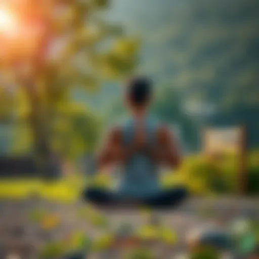 A person meditating in a peaceful outdoor setting, surrounded by nature, symbolizing action without attachment to results in karma yoga.