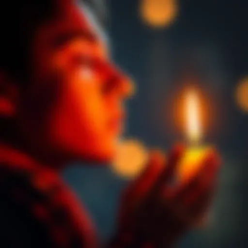 A person with closed eyes praying in front of a lit candle, symbolizing faith and sacrifice