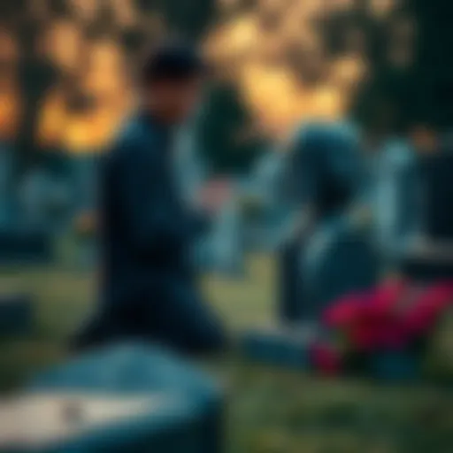 A person kneeling by a gravestone, offering a prayer with a peaceful expression, surrounded by tombstones in a serene cemetery setting.
