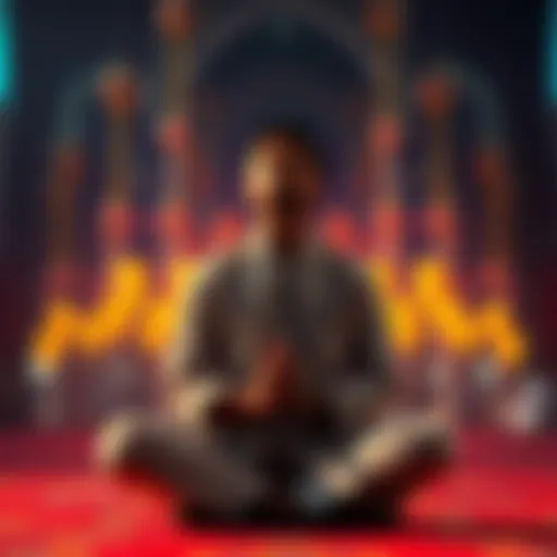 Individual sitting cross-legged, eyes closed, experiencing dizziness during prayer