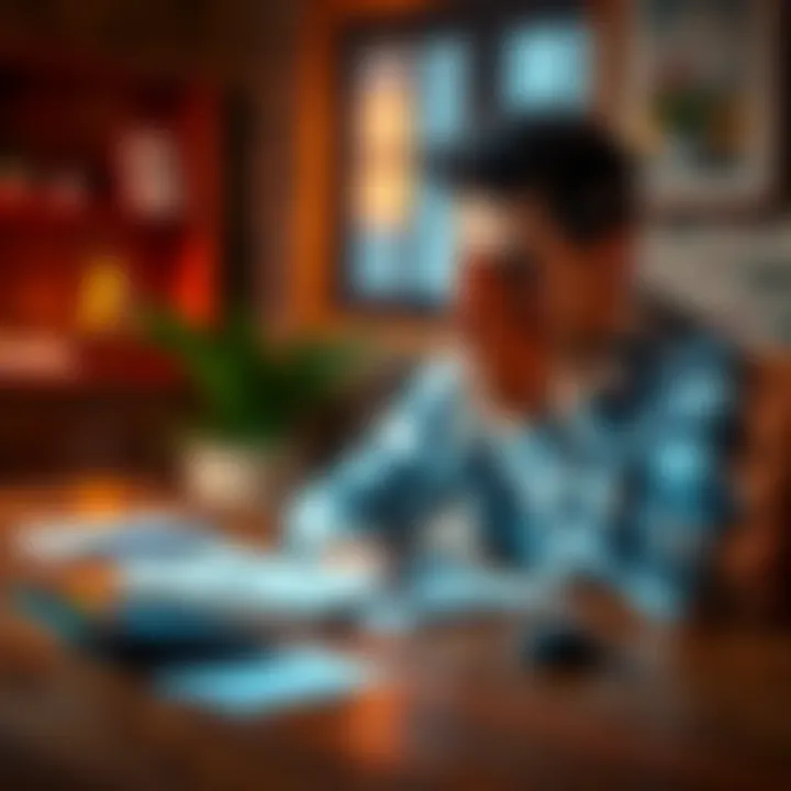 A person with hands clasped together, looking hopeful while sitting at a table with bills and a calculator, focused on finding a way to avoid eviction.